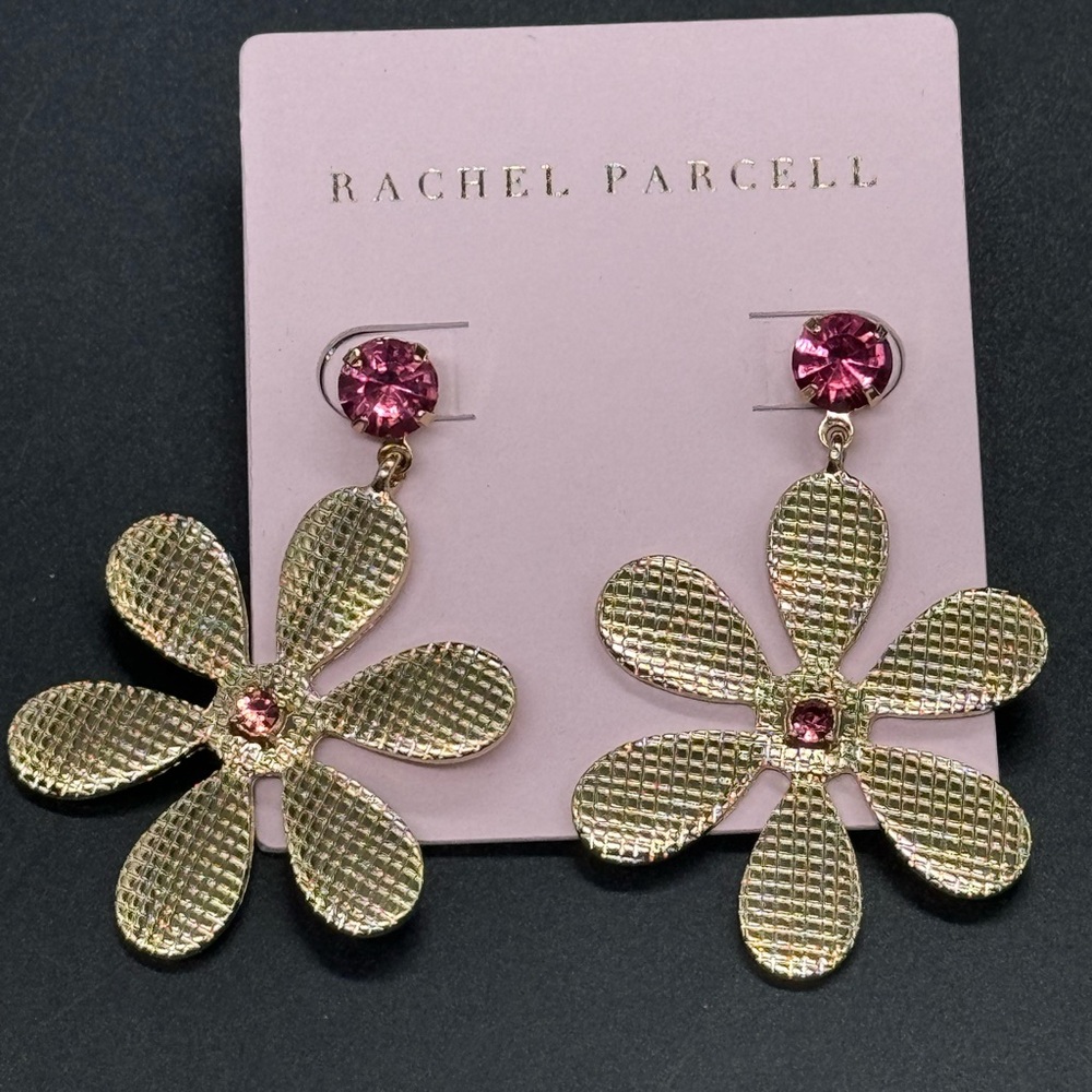 Rachel Parcell Pink Crystal Dangling Flower Statement Earrings